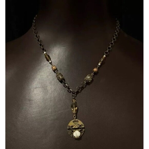 Vtg Necklace Pendant Desert Heart Bronze Disc Southwestern 18” Faceted Crystal - Picture 1 of 4